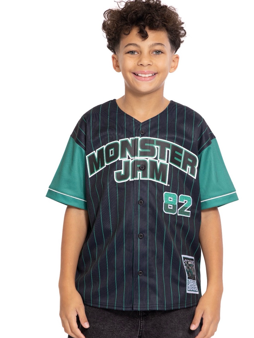 Monster Jam Grave Digger Boys L 10/12 Black Green Baseball Jersey Shirt 82 NWT